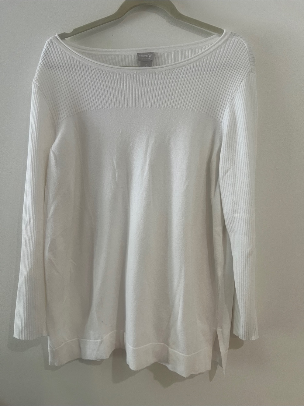 Chico's White Ribbed Yoke Boatneck Long Sleeve Top